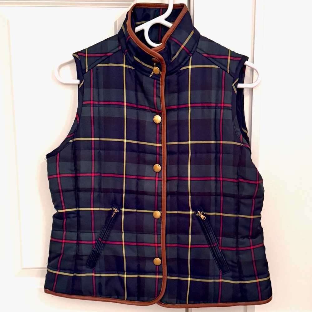 Lauren Navy and Dark Green Plaid Quilted Vest - Size Petite Med - Perfect Cond